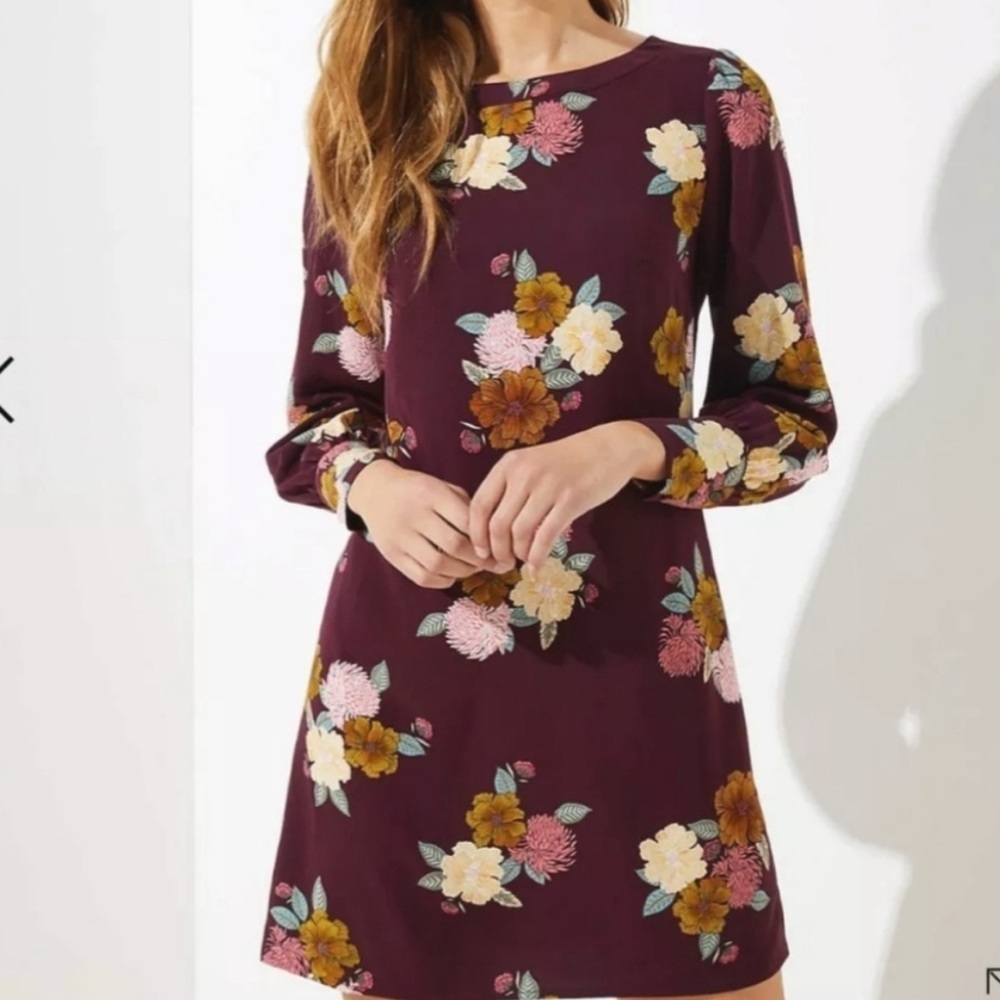 LOFT Burgundy Floral Long Sleeve Dress